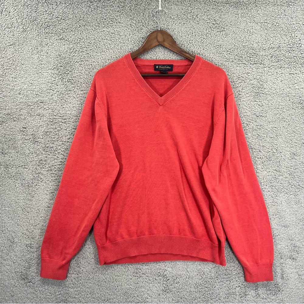 Brooks Brothers Sweater Knit V-Neck Cotton Silk Orange Red Men Size Large